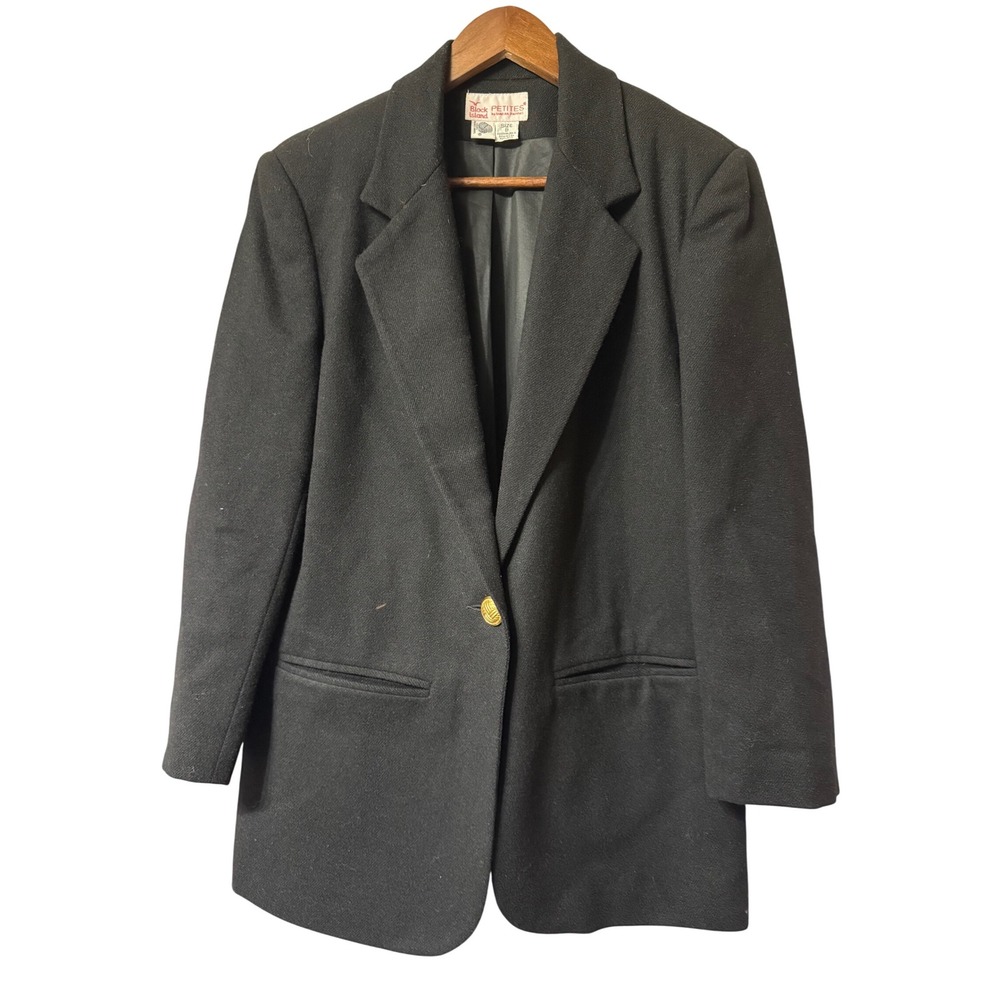 VTG Block Island 8 Petites By Marina Pappas Black 100% Wool Blend Blazer Jacket